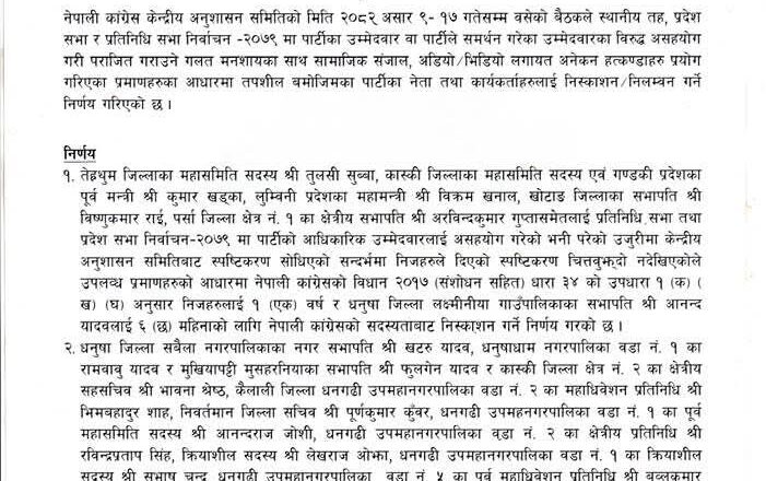 कारबाहीमा परे नेपाली कांग्रेसका १८ नेता