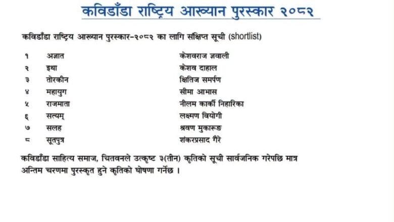 कविडाँडा राष्ट्रिय आख्यान पुरस्कारका लागि आठ कृतिको संक्षिप्त सूची सार्वजनिक